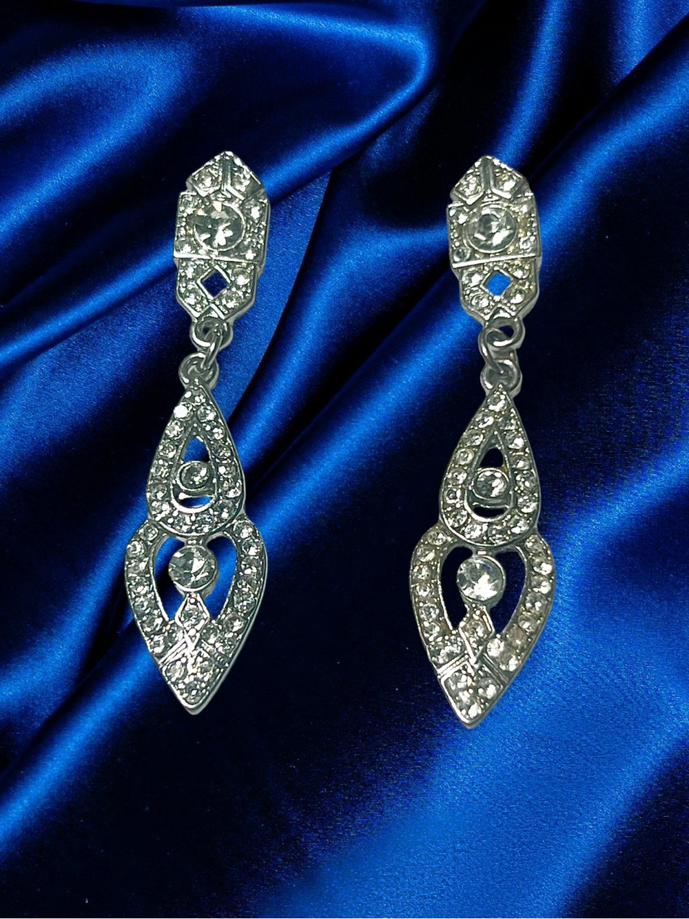 Silver tone Art Deco Rhinestone Drop Earrings 2”